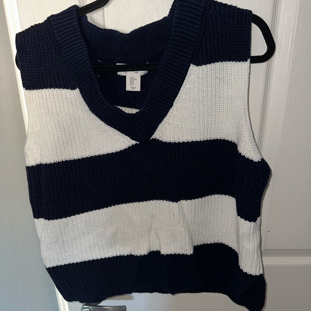 Navy & White Striped V-Neck Knit Sweater Vest